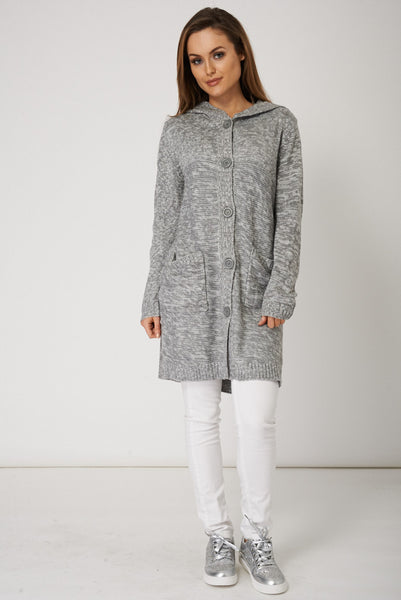 Button Front Hooded Cardigan In Grey