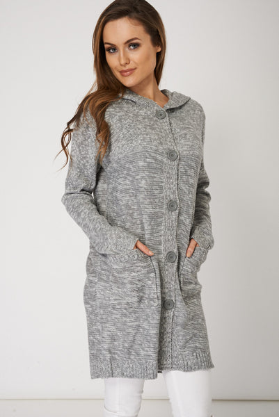 Button Front Hooded Cardigan In Grey