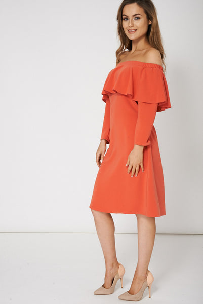 Orange Frill Overlay Off Shoulder Dress