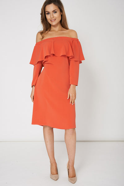 Orange Frill Overlay Off Shoulder Dress