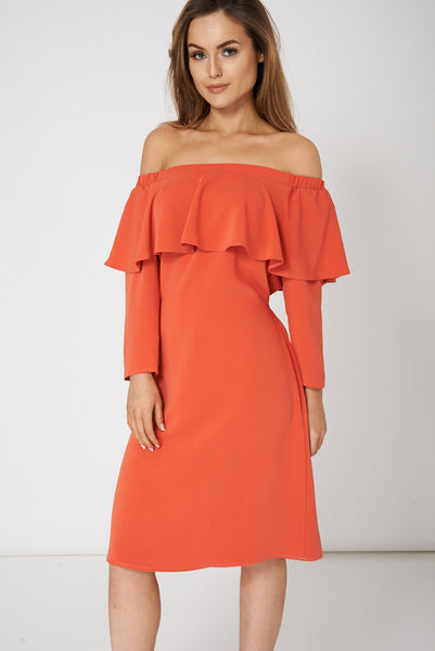 Orange Frill Overlay Off Shoulder Dress