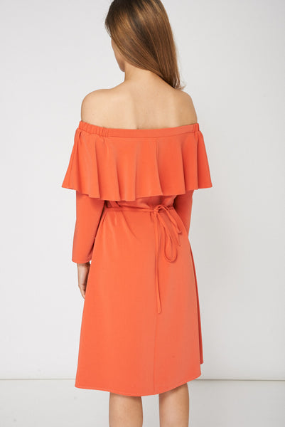 Orange Frill Overlay Off Shoulder Dress