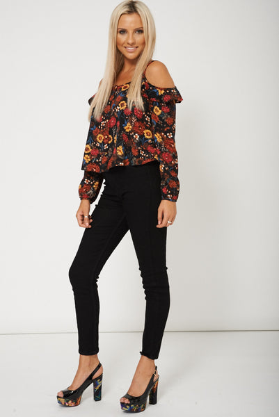 Long Sleeve Floral Printed Crop Top Ex-Branded Available In Larger Sizes