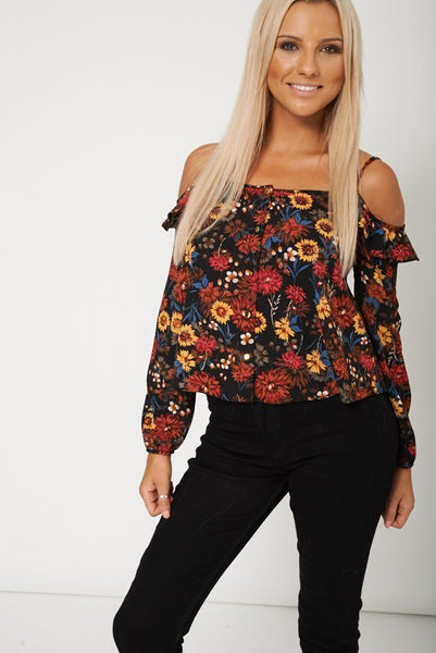 Long Sleeve Floral Printed Crop Top Ex-Branded Available In Larger Sizes