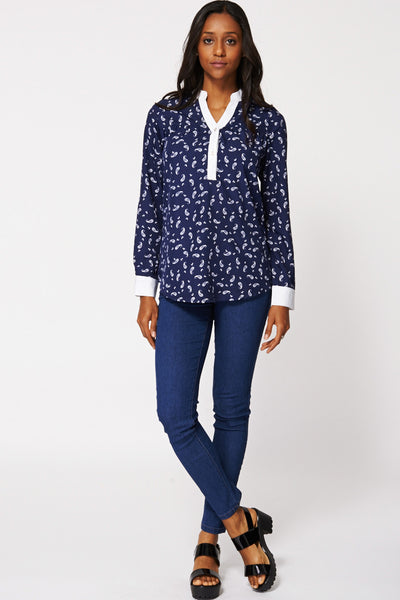 Navy Blouse With Mandarin Collar Ex-Branded