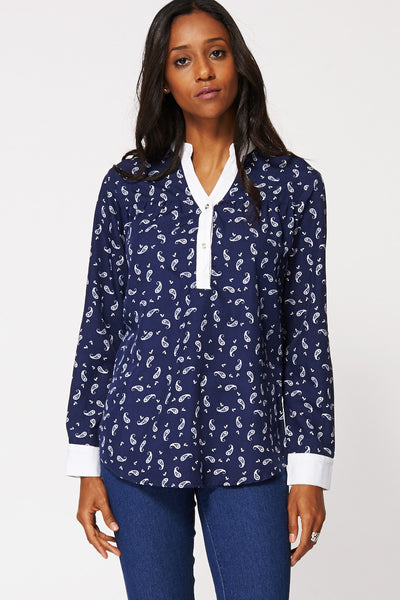 Navy Blouse With Mandarin Collar Ex-Branded