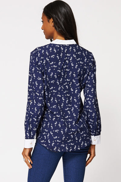 Navy Blouse With Mandarin Collar Ex-Branded