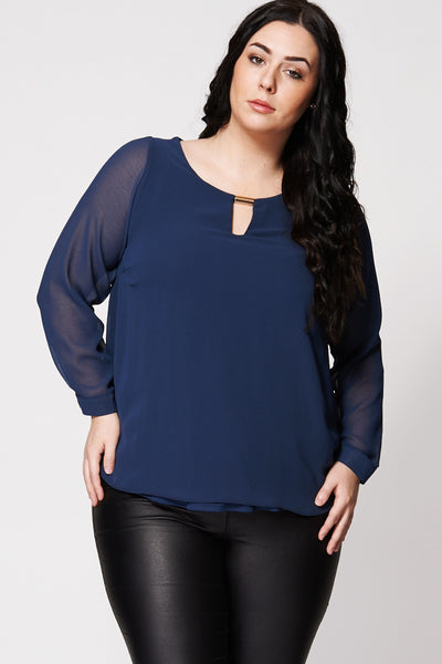 See-Through Long Sleeve Keyhole Neckline Blouse