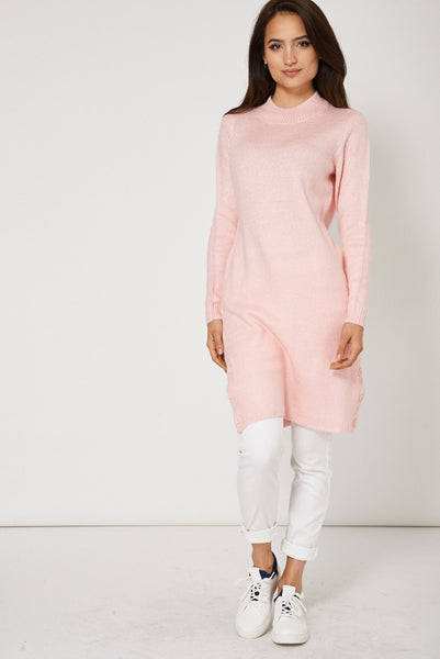 Button Side Seam Casual Pink Long Jumper