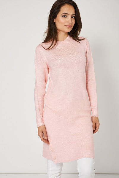 Button Side Seam Casual Pink Long Jumper