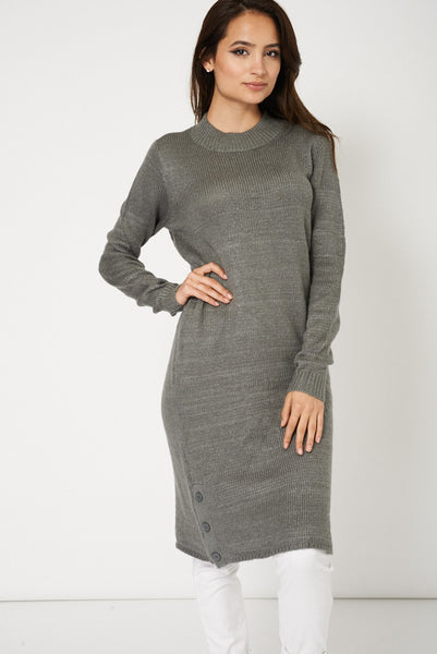 Long Grey Sweater With Side Buttons Limited Stock