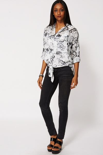 Floral Button Up Blouse With Bottom Tie Up Ex-Branded