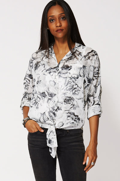 Floral Button Up Blouse With Bottom Tie Up Ex-Branded