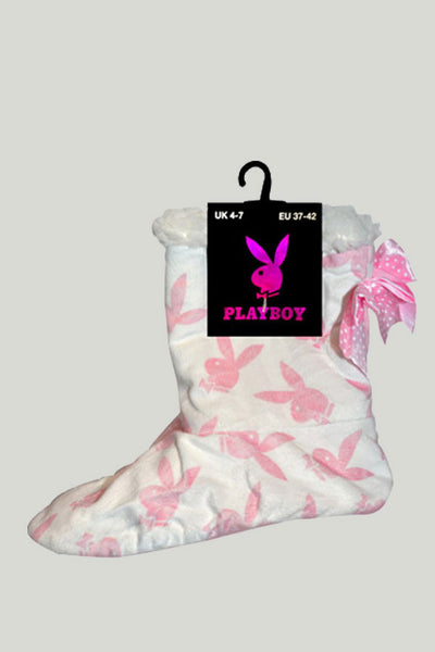 Playboy Ladies Velour Fleece Slippers In White