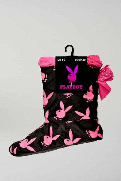 Black Playboy Ladies Velour Fleece Slippers