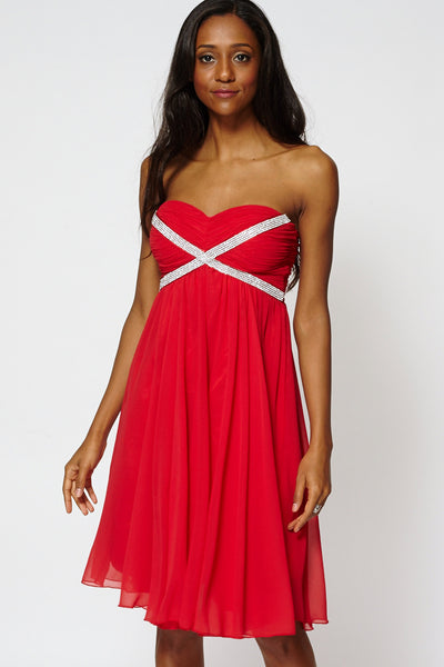 Draped Embellished Top Strapless Pleated Swing Dress