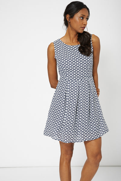 Navy Abstract Print Skater Dress