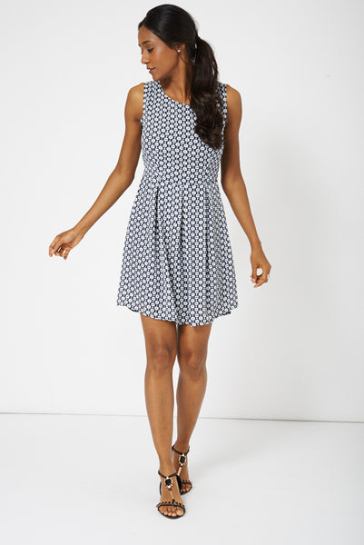 Navy Abstract Print Skater Dress