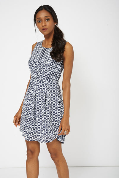 Navy Abstract Print Skater Dress