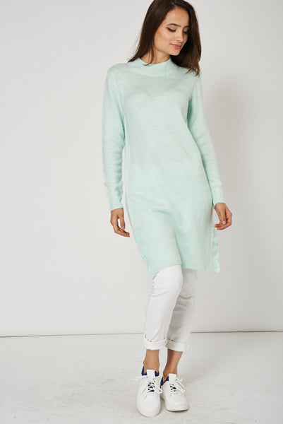 Soft Knitted Green Sweater Dress With Button Side Seam