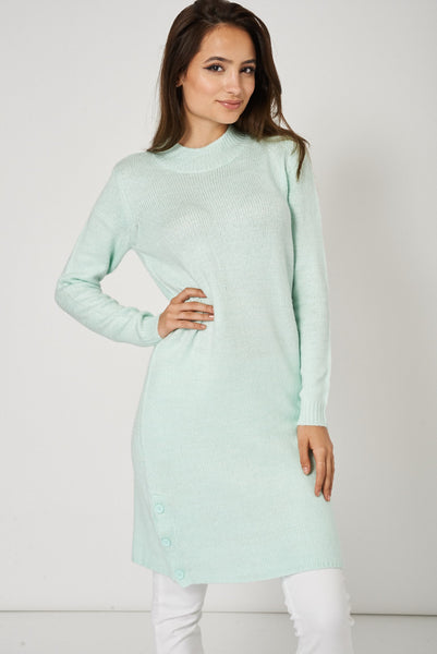 Soft Knitted Green Sweater Dress With Button Side Seam