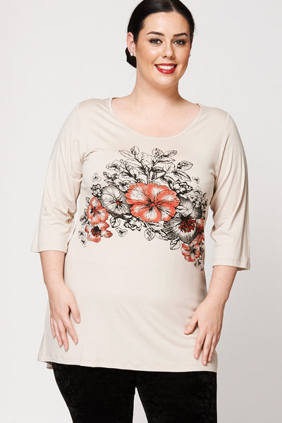 Flower Bed Print Dipped Hem Top