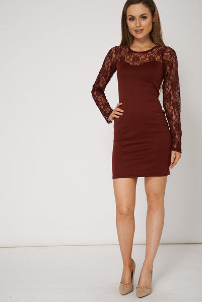 Lace Insert Burgundy Bodycon Dress