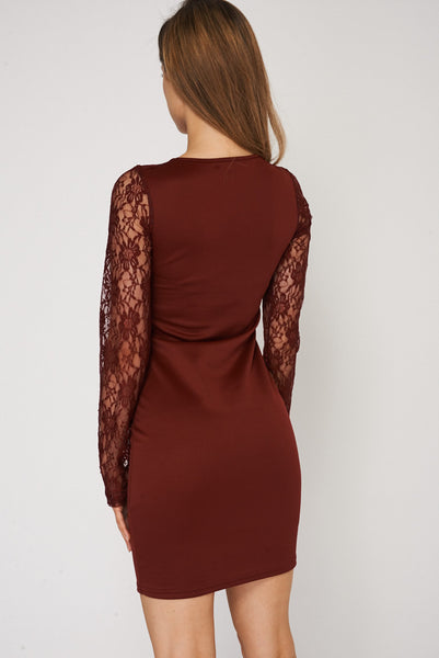 Lace Insert Burgundy Bodycon Dress