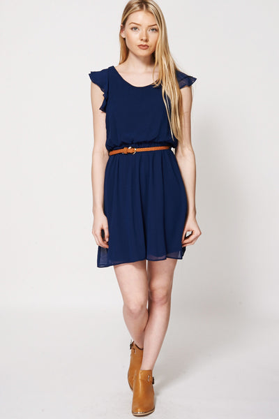 Navy Ruffle Sleeve Belted Dress Ex-Branded