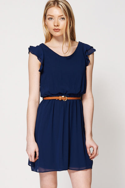 Navy Ruffle Sleeve Belted Dress Ex-Branded