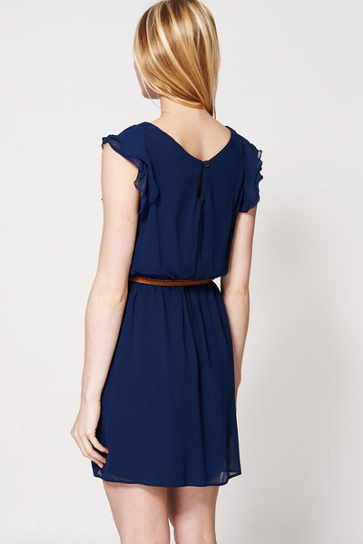 Navy Ruffle Sleeve Belted Dress Ex-Branded