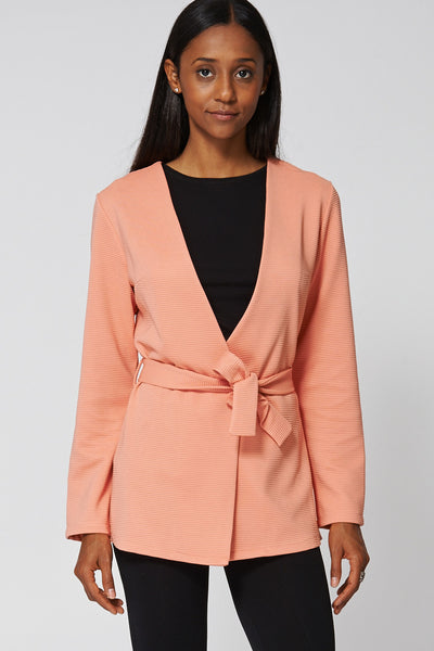 Peach Waist Tie Open Cardigan