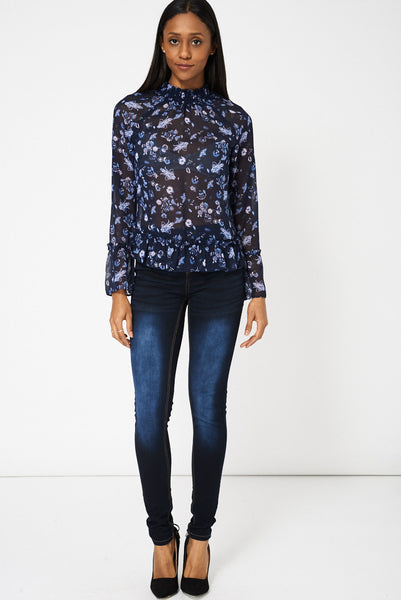 Navy Patterned Frilled Blouse