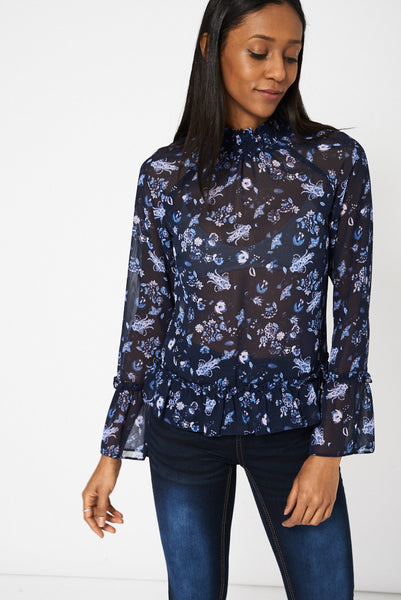 Navy Patterned Frilled Blouse