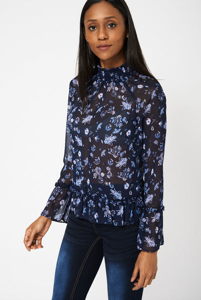 Navy Patterned Frilled Blouse