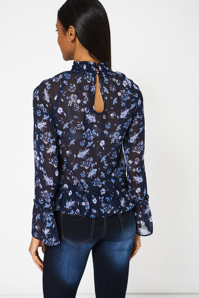 Navy Patterned Frilled Blouse