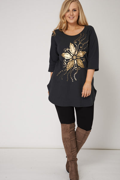 Curved Hem Top With Golden Design