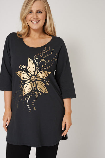 Curved Hem Top With Golden Design