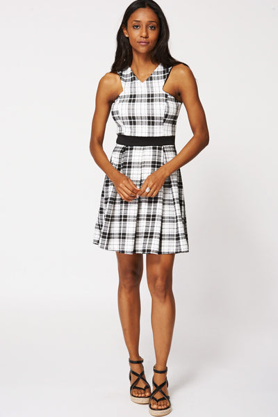 Checkered V Neck Pleated Dress
