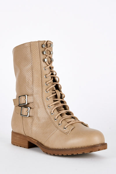 Taupe Lace Up Mid Calf Combat Boots