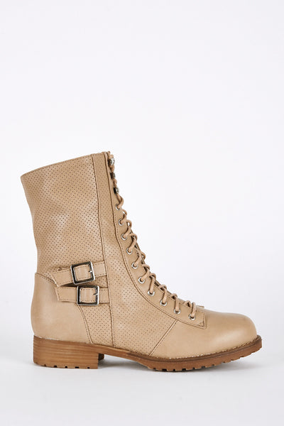 Taupe Lace Up Mid Calf Combat Boots