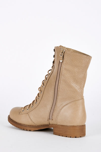 Taupe Lace Up Mid Calf Combat Boots