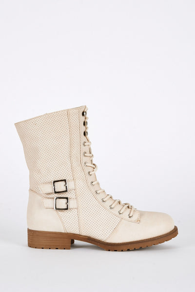 Beige Lace Up Mid Calf Combat Boots