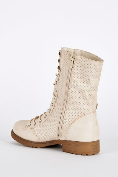 Beige Lace Up Mid Calf Combat Boots