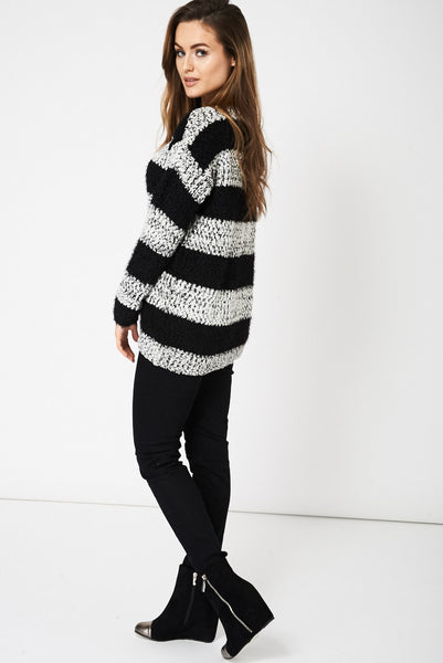 Stripped Fluffy Feel Knitted Jumper Ex-Branded Available In Plus Sizes