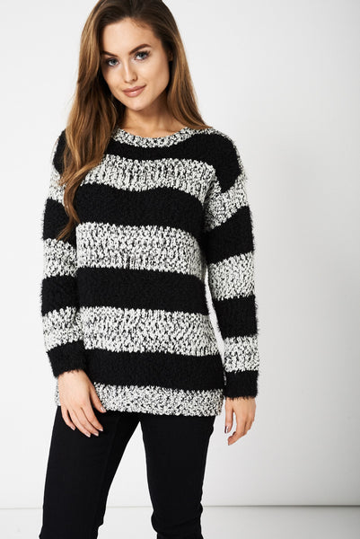 Stripped Fluffy Feel Knitted Jumper Ex-Branded Available In Plus Sizes