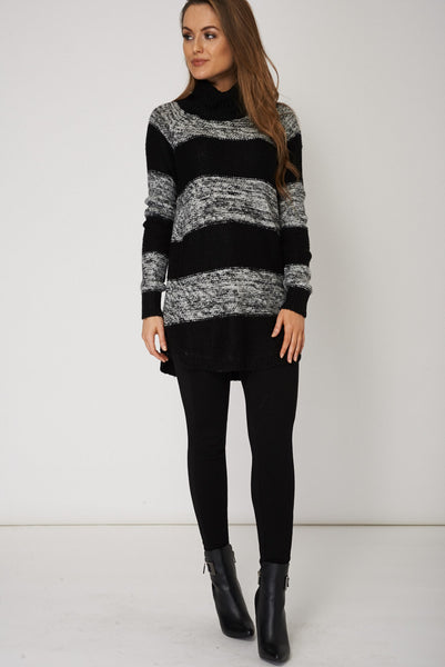 Roll Neck Striped Curved Hem Jumper