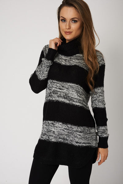 Roll Neck Striped Curved Hem Jumper