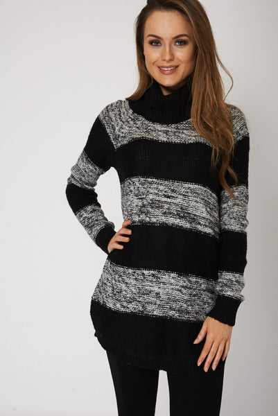 Roll Neck Striped Curved Hem Jumper