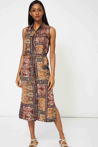 Belted Sleeveless Midi Shirt With Abstract Print